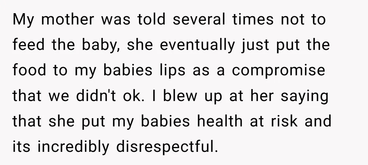 My mother was told several times not to feed the baby, she eventually just put the food to my babies lips as a compromise that we didn't ok. I blew...