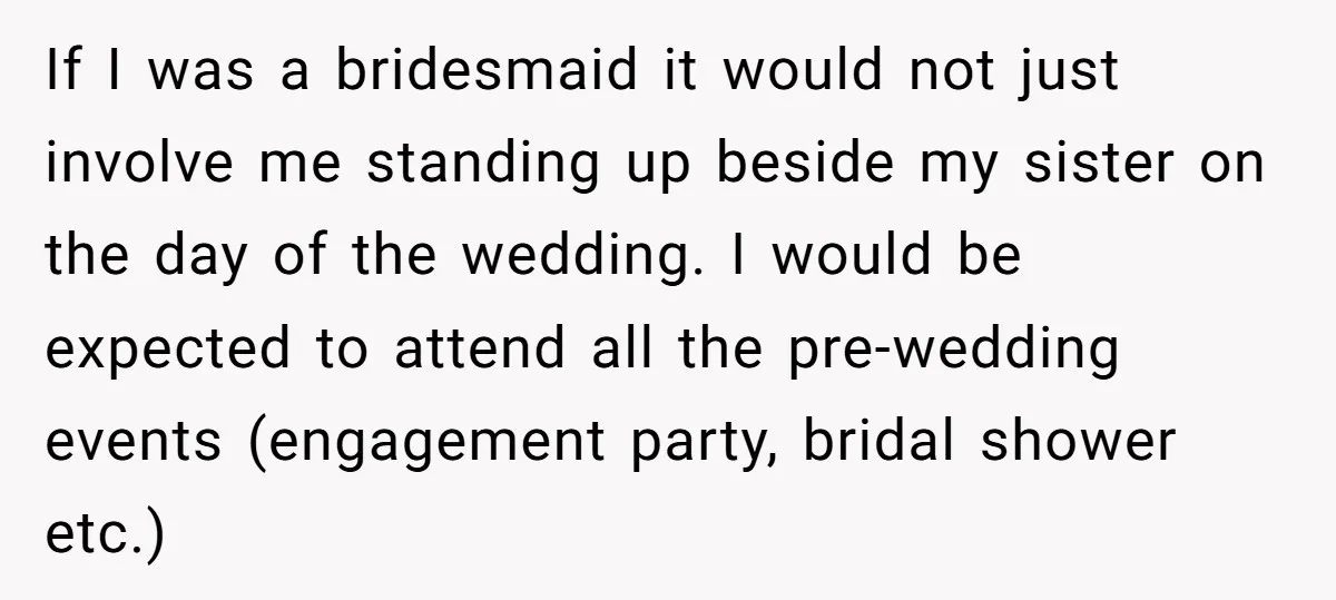 If I was a bridesmaid it would not just involve me standing up beside my sister on the day of the wedding. I would be expected to attend all the...