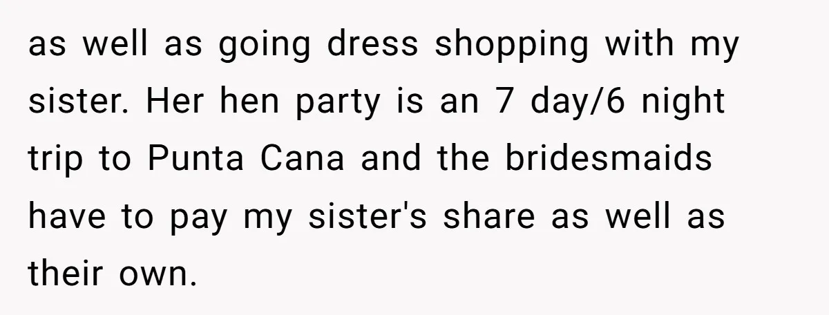 as well as going dress shopping with my sister. Her hen party is an 7 day/6 night trip to Punta Cana and the bridesmaids have to pay my sister's share...
