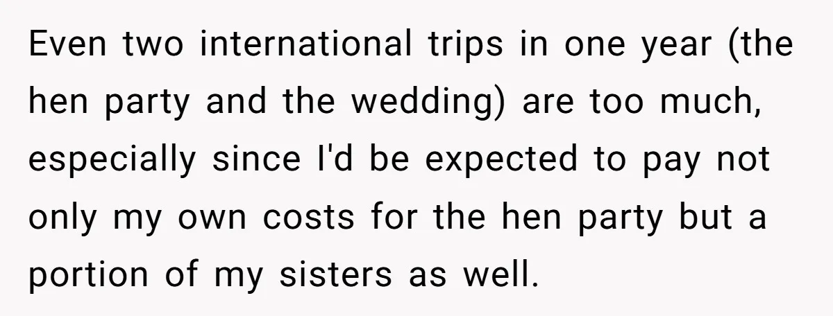 Even two international trips in one year (the hen party and the wedding) are too much, especially since I'd be expected to pay not only my own costs for the...