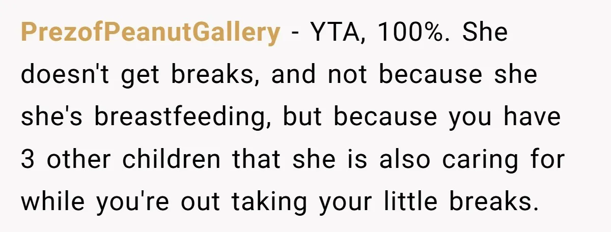 PrezofPeanutGallery − YTA, 100%. She doesn't get breaks, and not because she she's breastfeeding, but because you have 3 other children that she is also caring for while you're out...