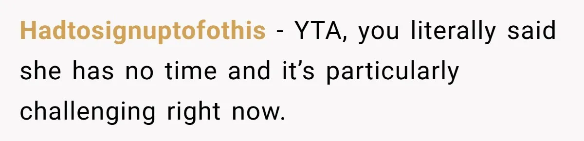 Hadtosignuptofothis − YTA, you literally said she has no time and it’s particularly challenging right now.