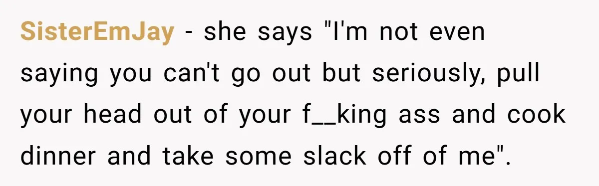 SisterEmJay − she says "I'm not even saying you can't go out but seriously, pull your head out of your f__king ass and cook dinner and take some slack off...