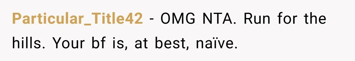 Particular_Title42 − OMG NTA. Run for the hills. Your bf is, at best, naïve.