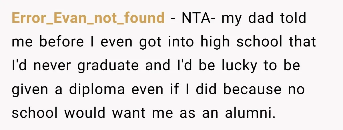 Error_Evan_not_found − NTA- my dad told me before I even got into high school that I'd never graduate and I'd be lucky to be given a diploma even if I...