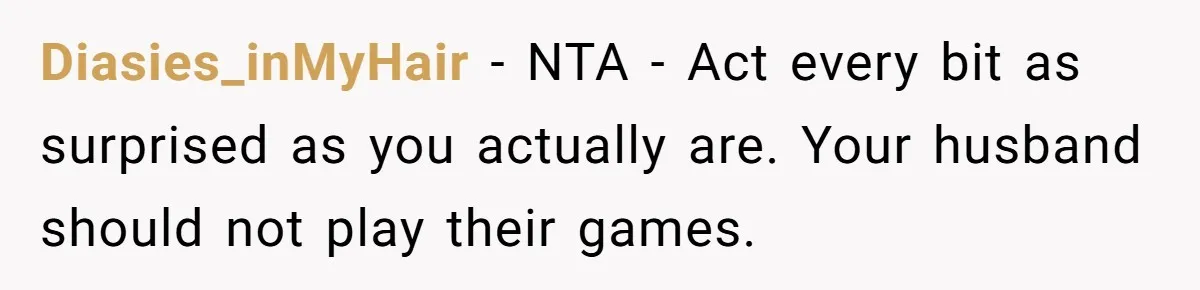 Diasies_inMyHair − NTA - Act every bit as surprised as you actually are. Your husband should not play their games.