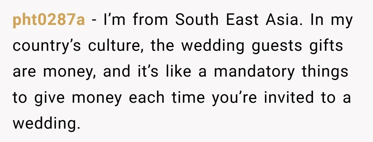 pht0287a − I’m from South East Asia. In my country’s culture, the wedding guests gifts are money, and it’s like a mandatory things to give money each time you’re invited...