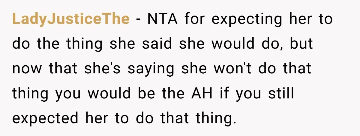 LadyJusticeThe − NTA for expecting her to do the thing she said she would do, but now that she's saying she won't do that thing you would be the AH...