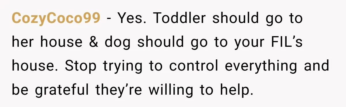 CozyCoco99 − Yes. Toddler should go to her house & dog should go to your FIL’s house. Stop trying to control everything and be grateful they’re willing to help.