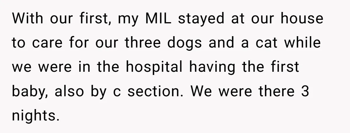 With our first, my MIL stayed at our house to care for our three dogs and a cat while we were in the hospital having the first baby, also by...