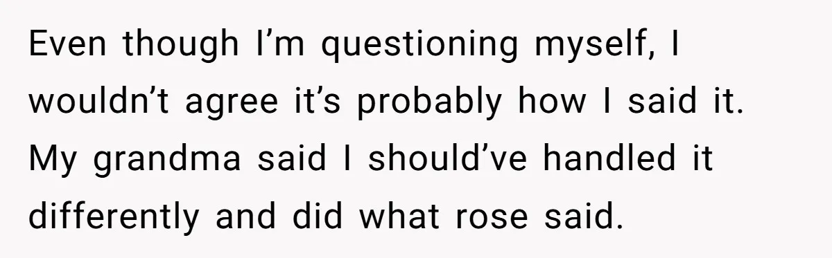 Even though I’m questioning myself, I wouldn’t agree it’s probably how I said it. My grandma said I should’ve handled it differently and did what rose said.