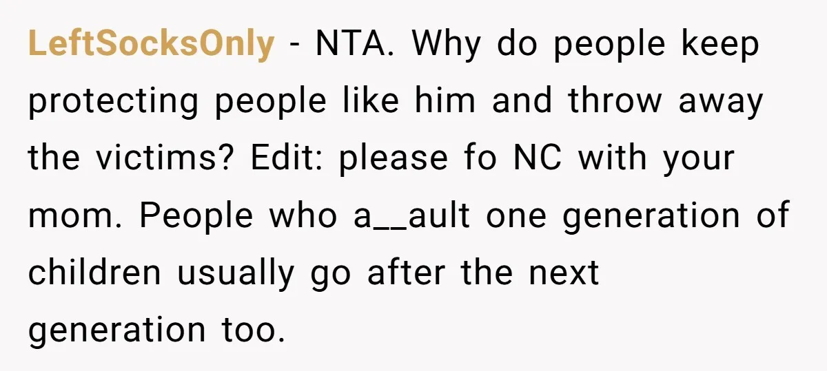 LeftSocksOnly − NTA. Why do people keep protecting people like him and throw away the victims? Edit: please fo NC with your mom. People who a__ault one generation of children...
