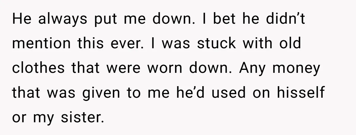He always put me down. I bet he didn’t mention this ever. I was stuck with old clothes that were worn down. Any money that was given to me he’d...