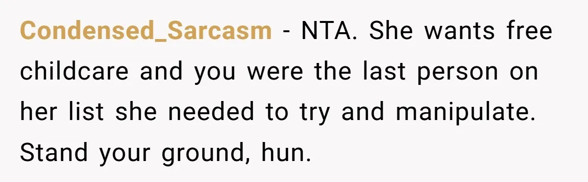 Condensed_Sarcasm − NTA. She wants free childcare and you were the last person on her list she needed to try and manipulate. Stand your ground, hun.