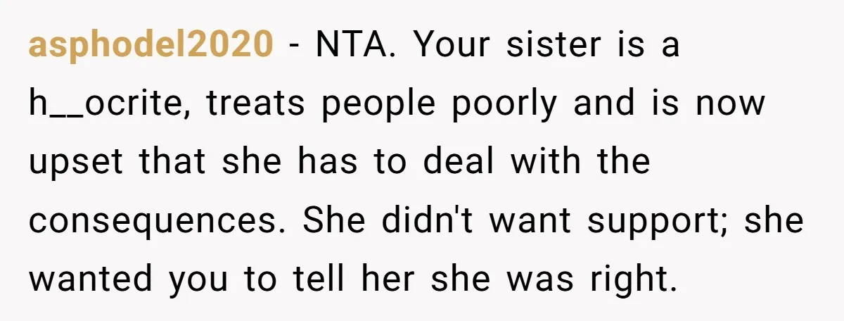 asphodel2020 − NTA. Your sister is a h__ocrite, treats people poorly and is now upset that she has to deal with the consequences. She didn't want support; she wanted you...