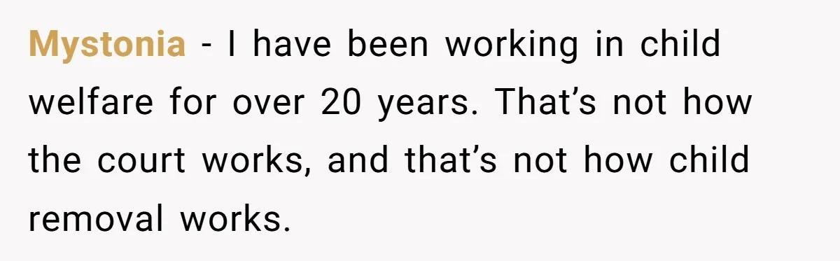 Mystonia − I have been working in child welfare for over 20 years. That’s not how the court works, and that’s not how child removal works.