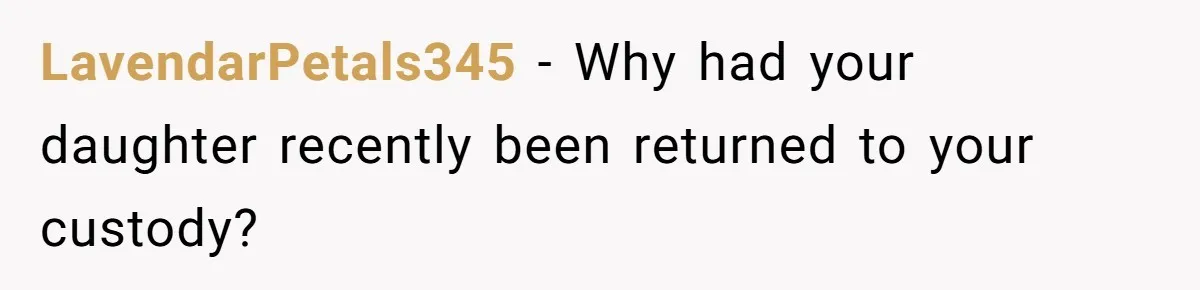 LavendarPetals345 − Why had your daughter recently been returned to your custody?