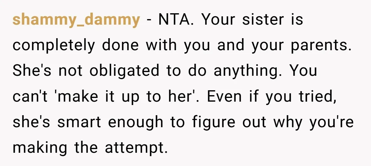shammy_dammy − NTA. Your sister is completely done with you and your parents. She's not obligated to do anything. You can't 'make it up to her'. Even if you tried,...