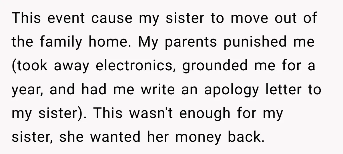 This event cause my sister to move out of the family home. My parents punished me (took away electronics, grounded me for a year, and had me write an apology...