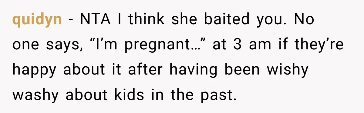 quidyn − NTA I think she baited you. No one says, “I’m pregnant…” at 3 am if they’re happy about it after having been wishy washy about kids in the...