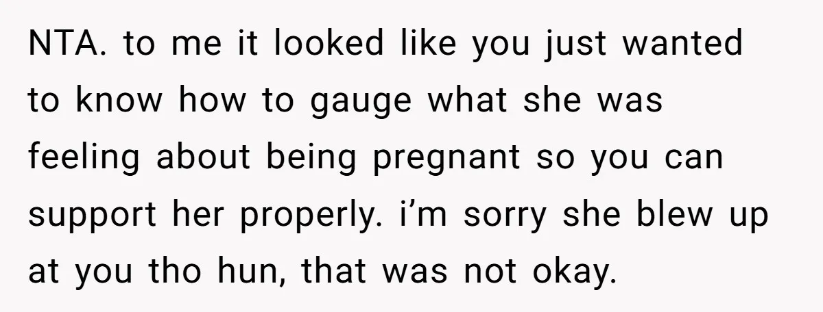 NTA. to me it looked like you just wanted to know how to gauge what she was feeling about being pregnant so you can support her properly. i’m sorry she...