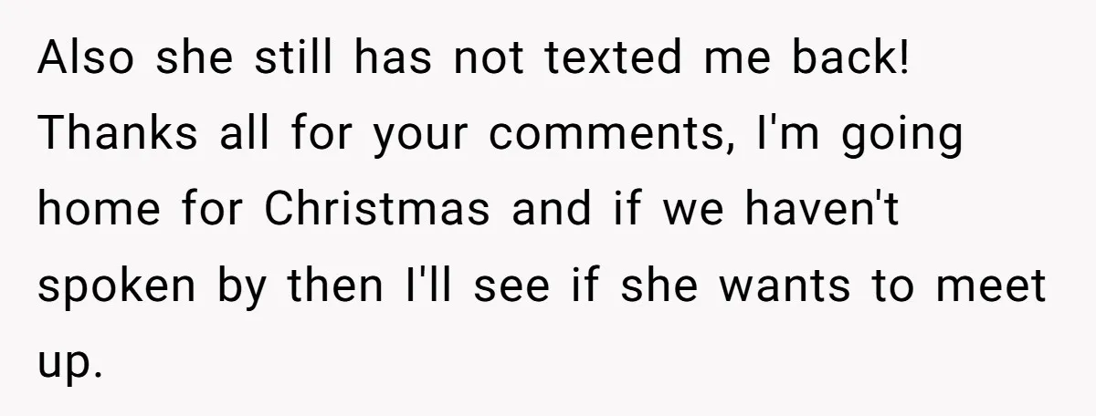 Also she still has not texted me back! Thanks all for your comments, I'm going home for Christmas and if we haven't spoken by then I'll see if she wants...