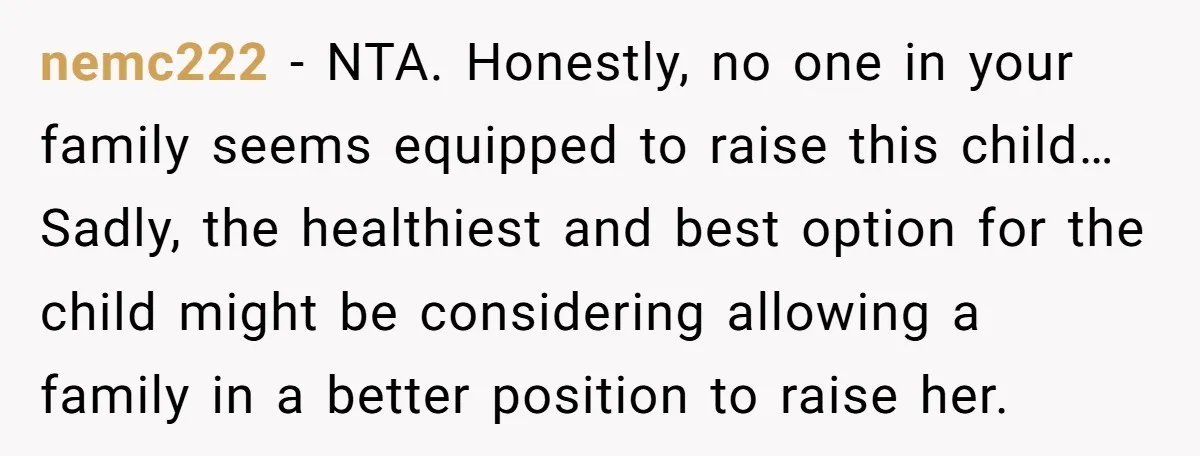 nemc222 − NTA. Honestly, no one in your family seems equipped to raise this child… Sadly, the healthiest and best option for the child might be considering allowing a family...