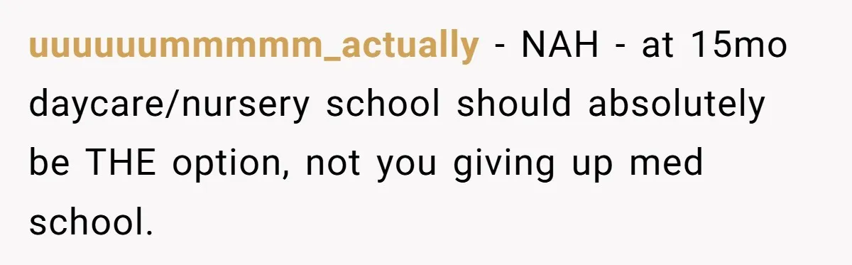 uuuuuummmmm_actually − NAH - at 15mo daycare/nursery school should absolutely be THE option, not you giving up med school.