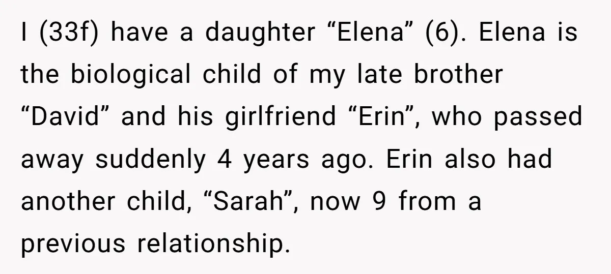I (33f) have a daughter “Elena” (6). Elena is the biological child of my late brother “David” and his girlfriend “Erin”, who passed away suddenly 4 years ago. Erin also...