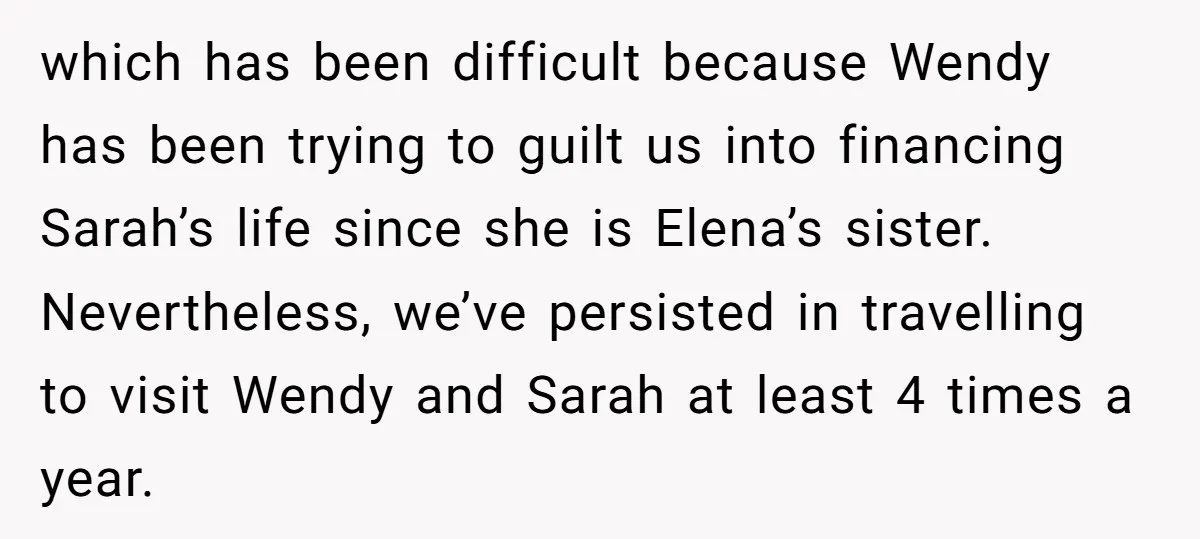 which has been difficult because Wendy has been trying to guilt us into financing Sarah’s life since she is Elena’s sister. Nevertheless, we’ve persisted in travelling to visit Wendy and...
