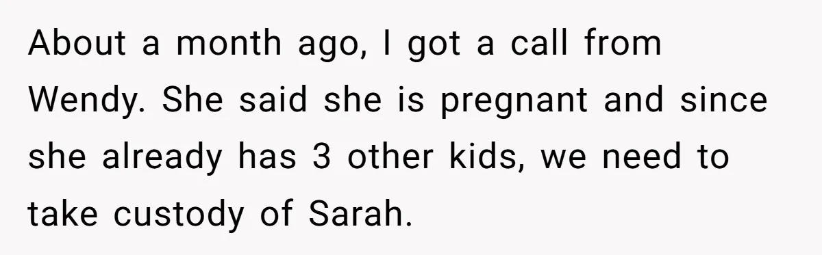 About a month ago, I got a call from Wendy. She said she is pregnant and since she already has 3 other kids, we need to take custody of Sarah.