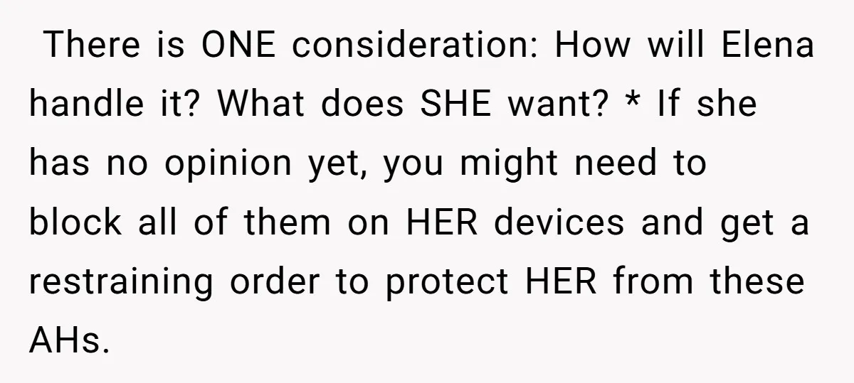 ​ There is ONE consideration: How will Elena handle it? What does SHE want? * If she has no opinion yet, you might need to block all of them on...