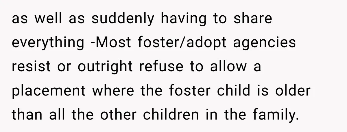 as well as suddenly having to share everything -Most foster/adopt agencies resist or outright refuse to allow a placement where the foster child is older than all the other children...