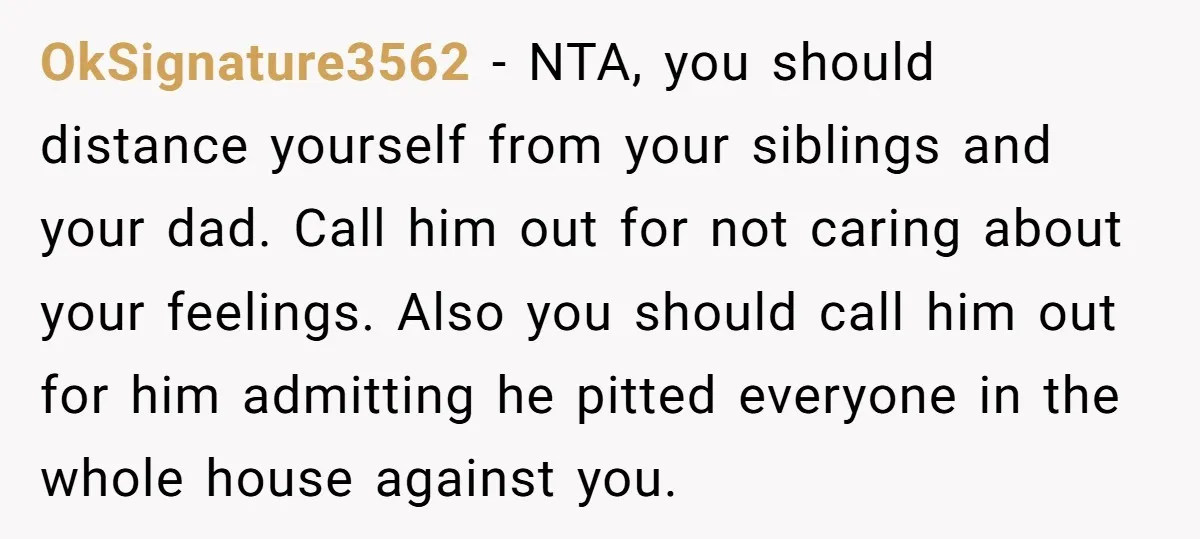 OkSignature3562 − NTA, you should distance yourself from your siblings and your dad. Call him out for not caring about your feelings. Also you should call him out for him...