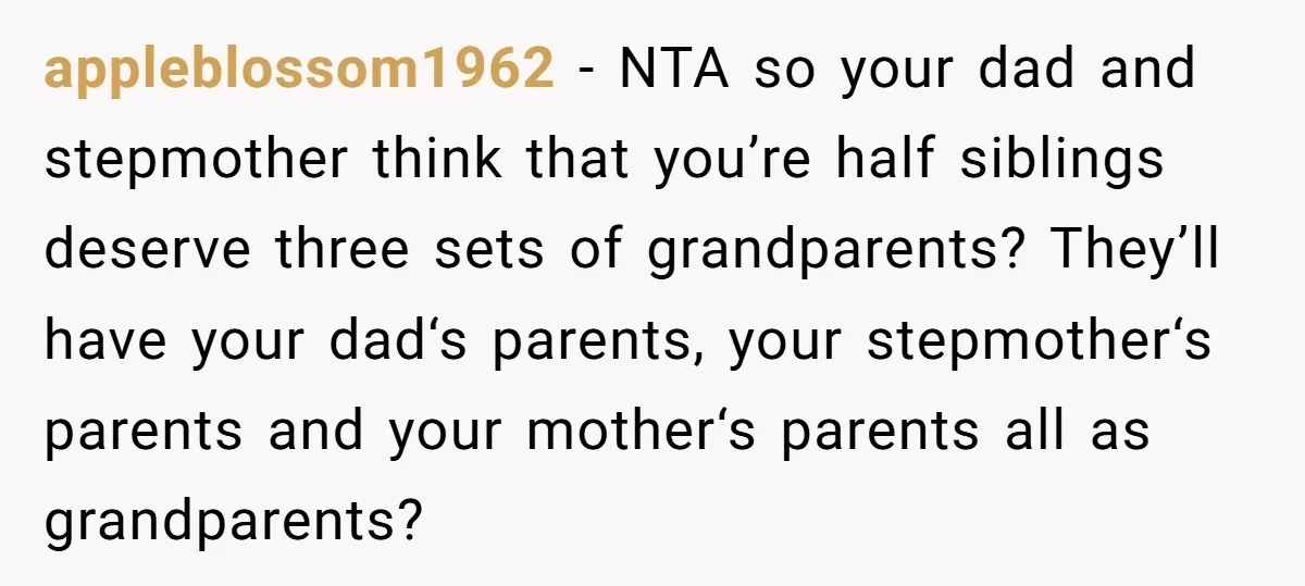 appleblossom1962 − NTA so your dad and stepmother think that you’re half siblings deserve three sets of grandparents? They’ll have your dad‘s parents, your stepmother‘s parents and your mother‘s parents...