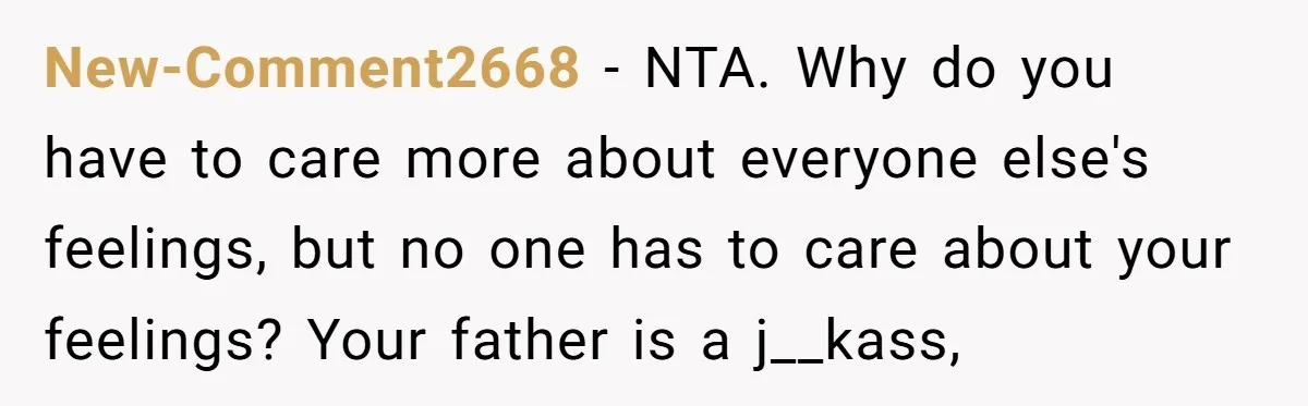 New-Comment2668 − NTA. Why do you have to care more about everyone else's feelings, but no one has to care about your feelings? Your father is a j__kass,
