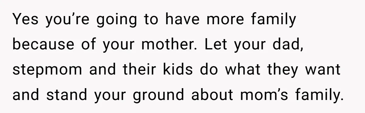 Yes you’re going to have more family because of your mother. Let your dad, stepmom and their kids do what they want and stand your ground about mom’s family.