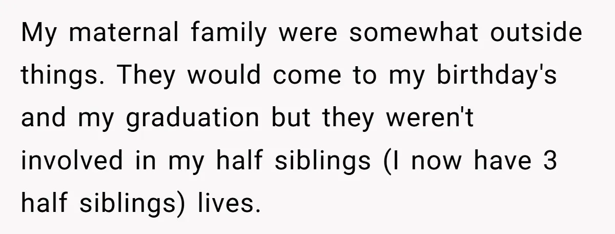 My maternal family were somewhat outside things. They would come to my birthday's and my graduation but they weren't involved in my half siblings (I now have 3 half siblings)...