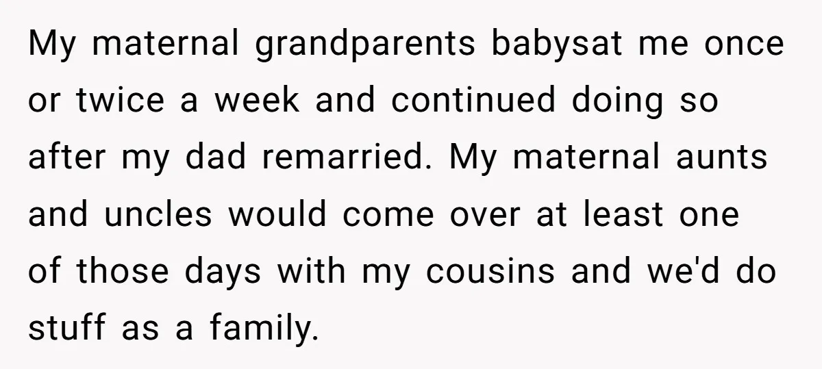 My maternal grandparents babysat me once or twice a week and continued doing so after my dad remarried. My maternal aunts and uncles would come over at least one of...