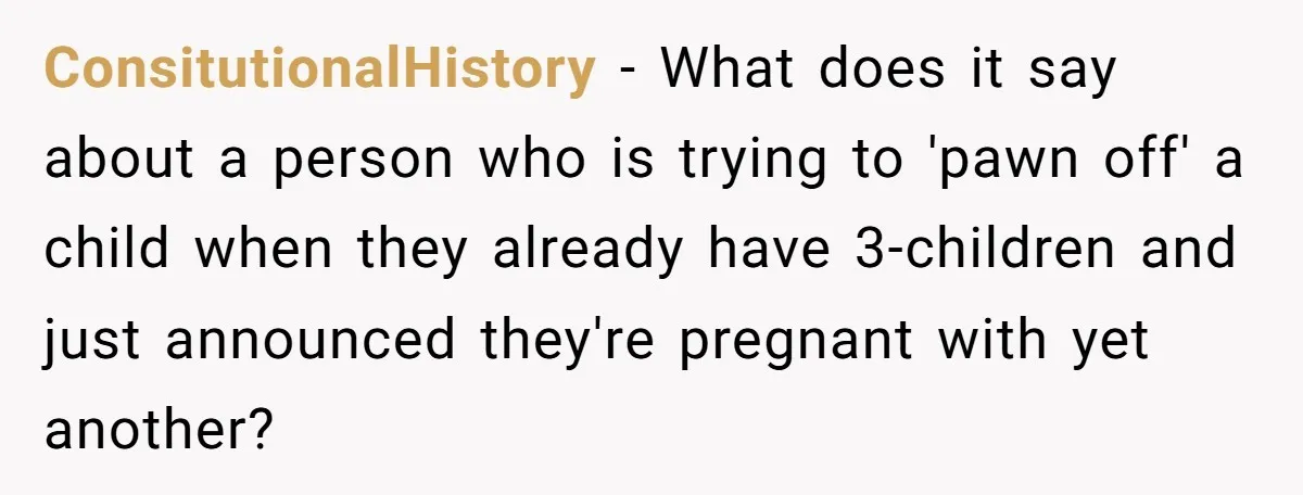 ConsitutionalHistory − What does it say about a person who is trying to 'pawn off' a child when they already have 3-children and just announced they're pregnant with yet another?