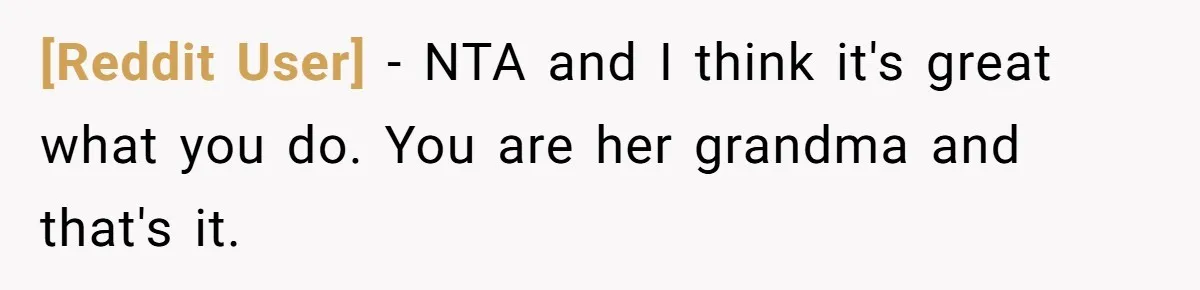 [Reddit User] − NTA and I think it's great what you do. You are her grandma and that's it.