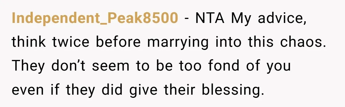 Independent_Peak8500 − NTA My advice, think twice before marrying into this chaos. They don’t seem to be too fond of you even if they did give their blessing.