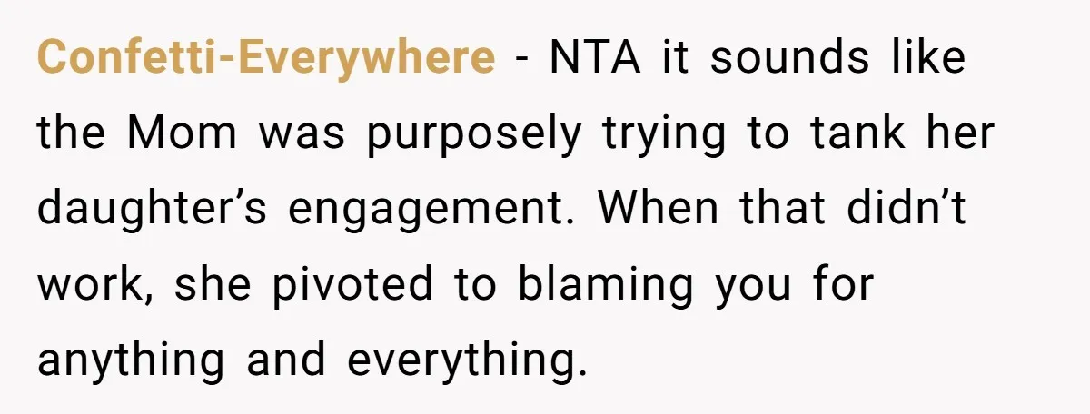 Confetti-Everywhere − NTA it sounds like the Mom was purposely trying to tank her daughter’s engagement. When that didn’t work, she pivoted to blaming you for anything and everything.