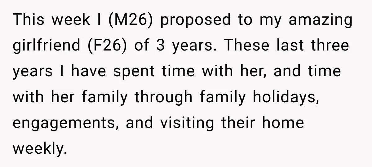 This week I (M26) proposed to my amazing girlfriend (F26) of 3 years. These last three years I have spent time with her, and time with her family through family...