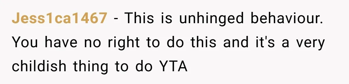 Jess1ca1467 − This is unhinged behaviour. You have no right to do this and it's a very childish thing to do YTA