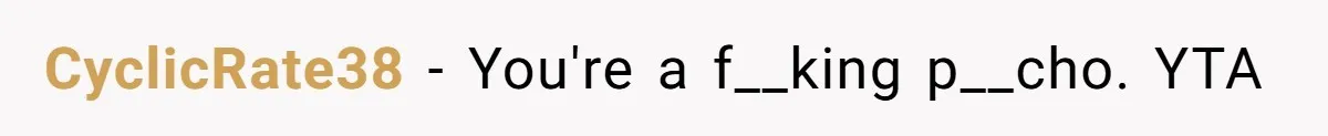CyclicRate38 − You're a f__king p__cho. YTA