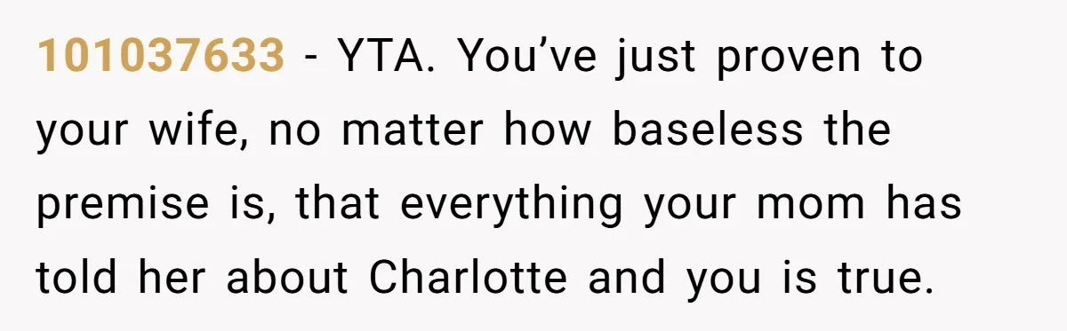 101037633 − YTA. You’ve just proven to your wife, no matter how baseless the premise is, that everything your mom has told her about Charlotte and you is true.
