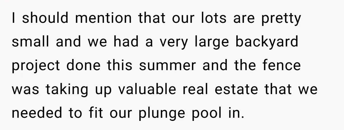 I should mention that our lots are pretty small and we had a very large backyard project done this summer and the fence was taking up valuable real estate that...