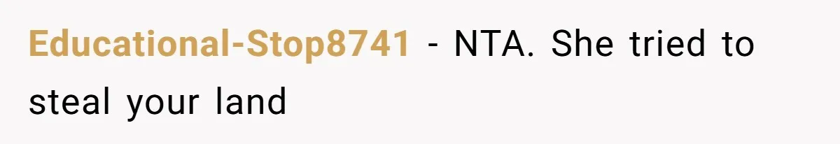 Educational-Stop8741 − NTA. She tried to steal your land