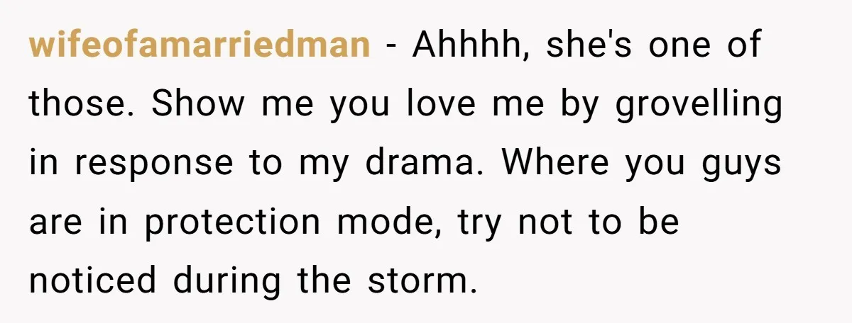 wifeofamarriedman − Ahhhh, she's one of those. Show me you love me by grovelling in response to my drama. Where you guys are in protection mode, try not to be...